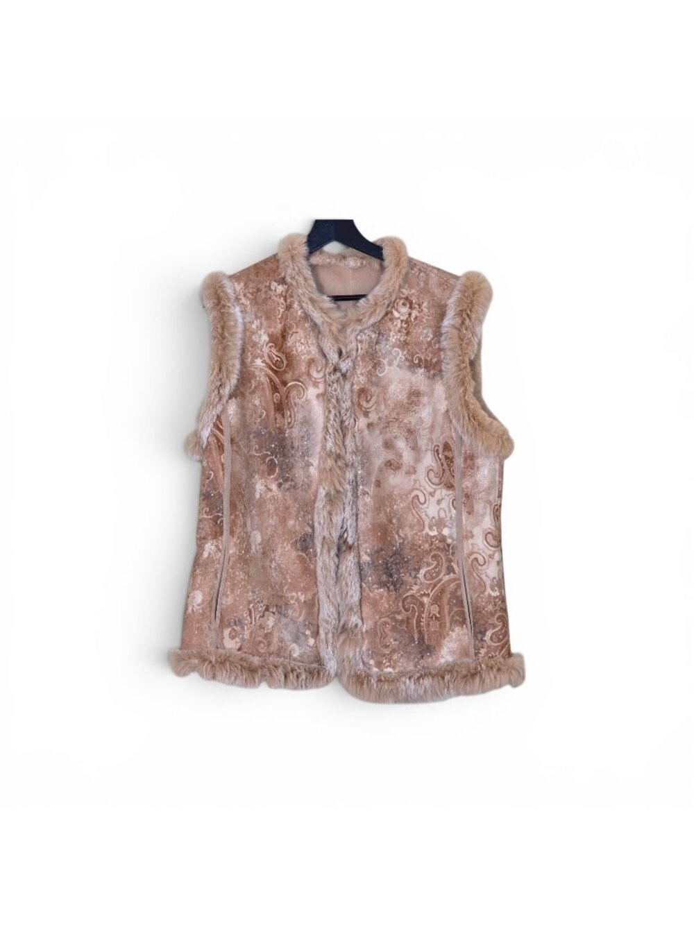 Vtg German Made Rabbit Trim Paisley Vest Women US 16 CAN 14 Beige Grandma FLAW